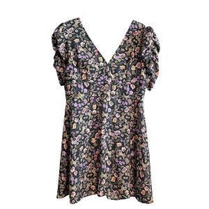 TopShop Floral Ruched Gathered Sleeve V-Neck Tea Dress NWT Size 12
